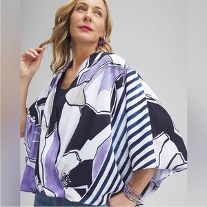 Chicos Floral Surplice Poncho Blouse Purple Floral Faux Wrap